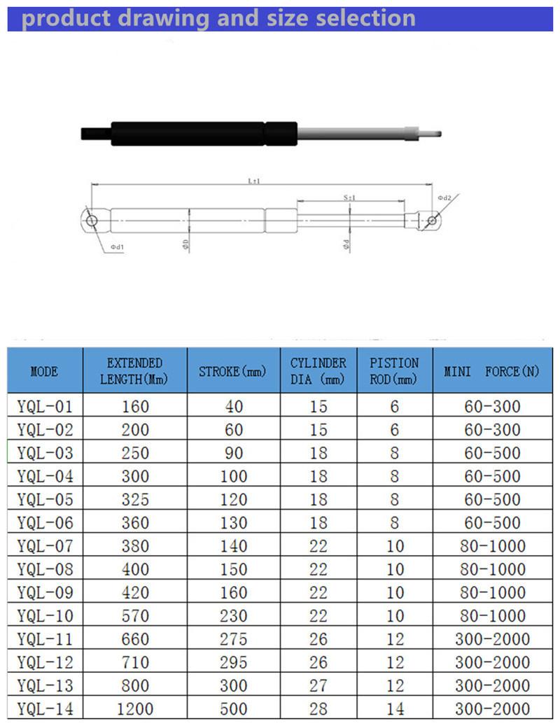 Hydraulic Gas Spring for Bed Lifting Color Cusztomized 1000n Supporting Gas Strut for Board Support