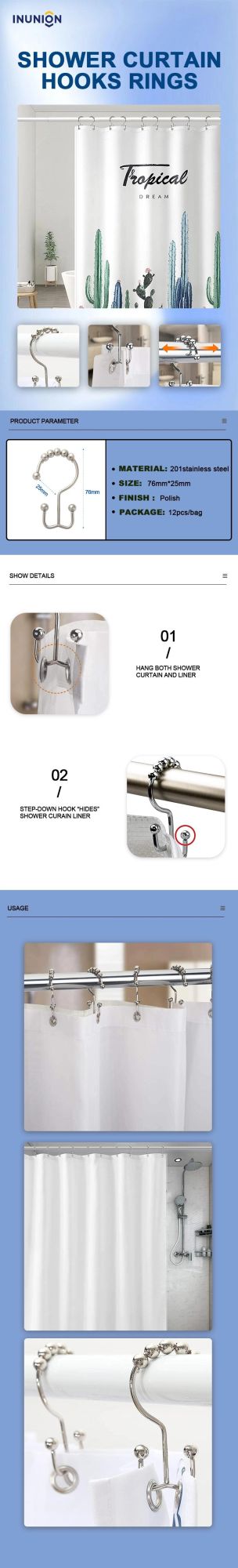 Popular Rustproof Metal Shower Curtain Rod Accessories Rings Hooks