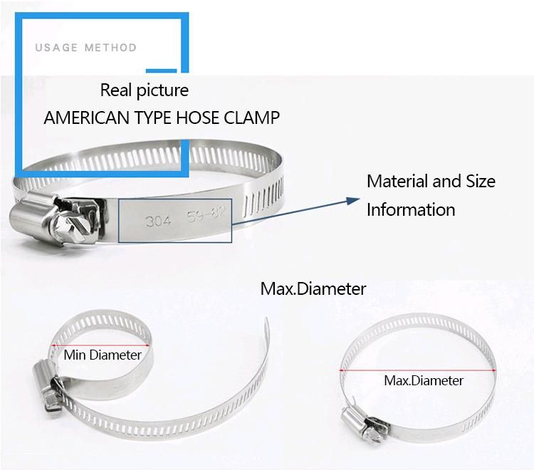 Custom Sizes American Type W2 W4 Stainless Steel Worm Drive Hose Clamp