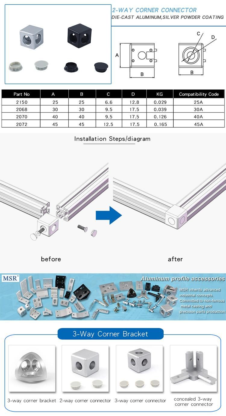 OEM ODM Die Casting Aluminium 30*30mm 2 Way Corner Bracket for Slot 8 Aluminum Profile /Industry/Workbench/Shelf/Assembly Line 25/30/40/45 in Black and Silver