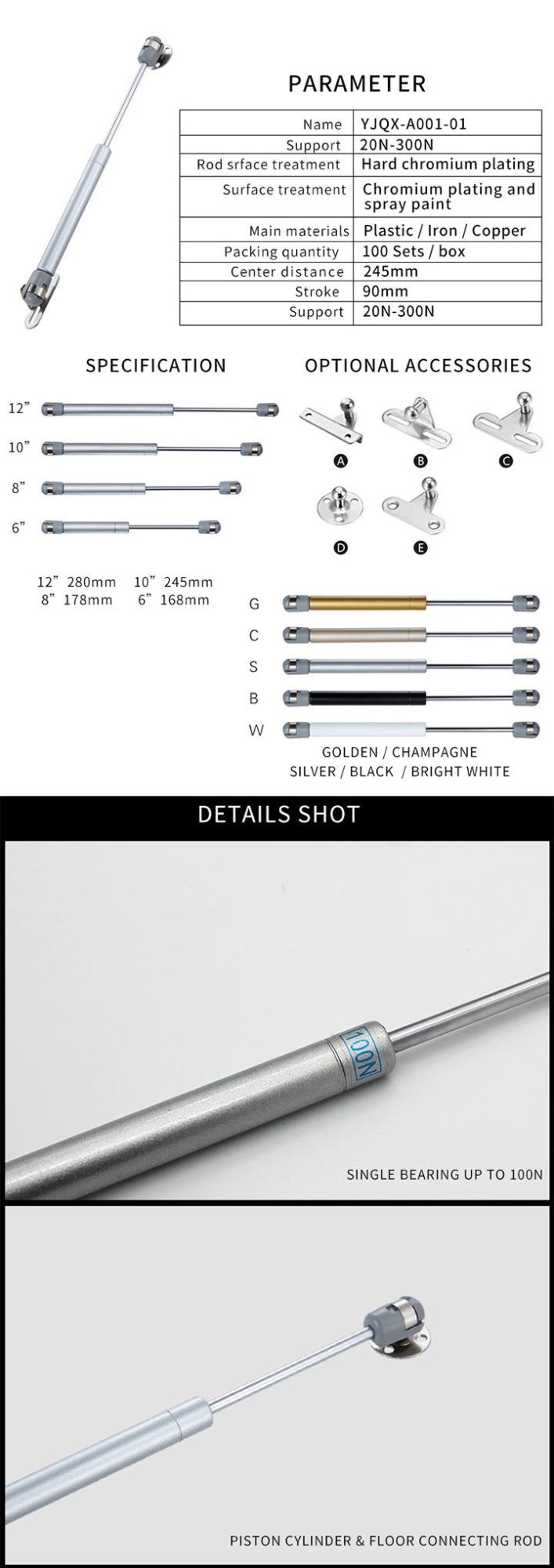 Furniture Hardwaresmall Metal Gas Spring Struts for Different Applications Hidden in The Furniture Bed
