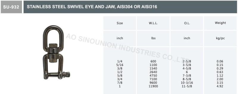 Stainless Steel Eye and Jaw Swivel AISI304 AISI316