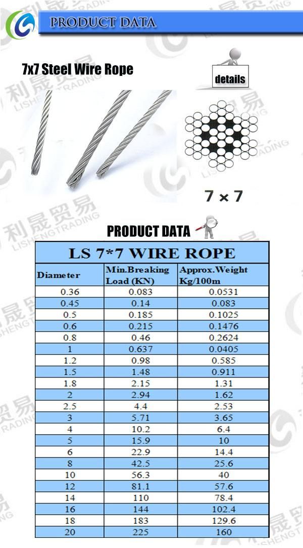 Steel Cable Stainless Steel 304 316 7*7 7*19 Ss Wire Rope
