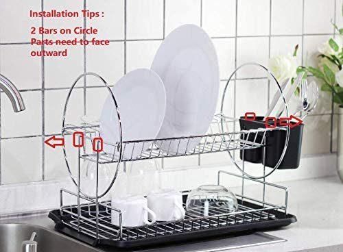 Dish Drying Rack Wall Mount Dish Drainer 2/3 Tier Kitchen Plate Bowl Spice Organizer Storage Rack Shelf Holder with Drain Tray with Hooks