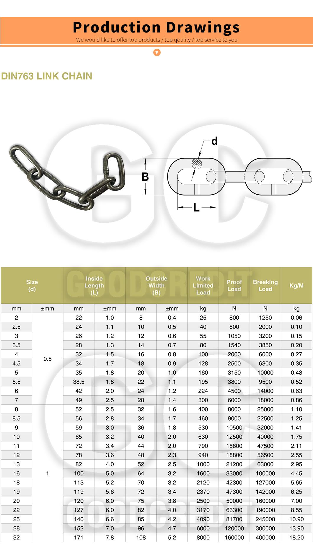 DIN763 DIN766 Steel or Stainless Steel Long Short Link Chain