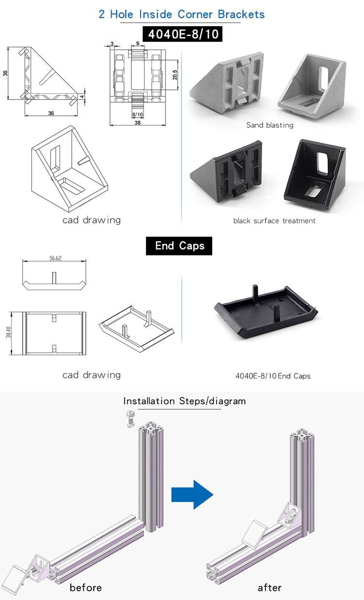 OEM EDM Black Matte Powder Coat and Smooth Black 40e Aluminum Corner Bracket for Aluminum Profile Extrusion Workbench 4040 4080 8080