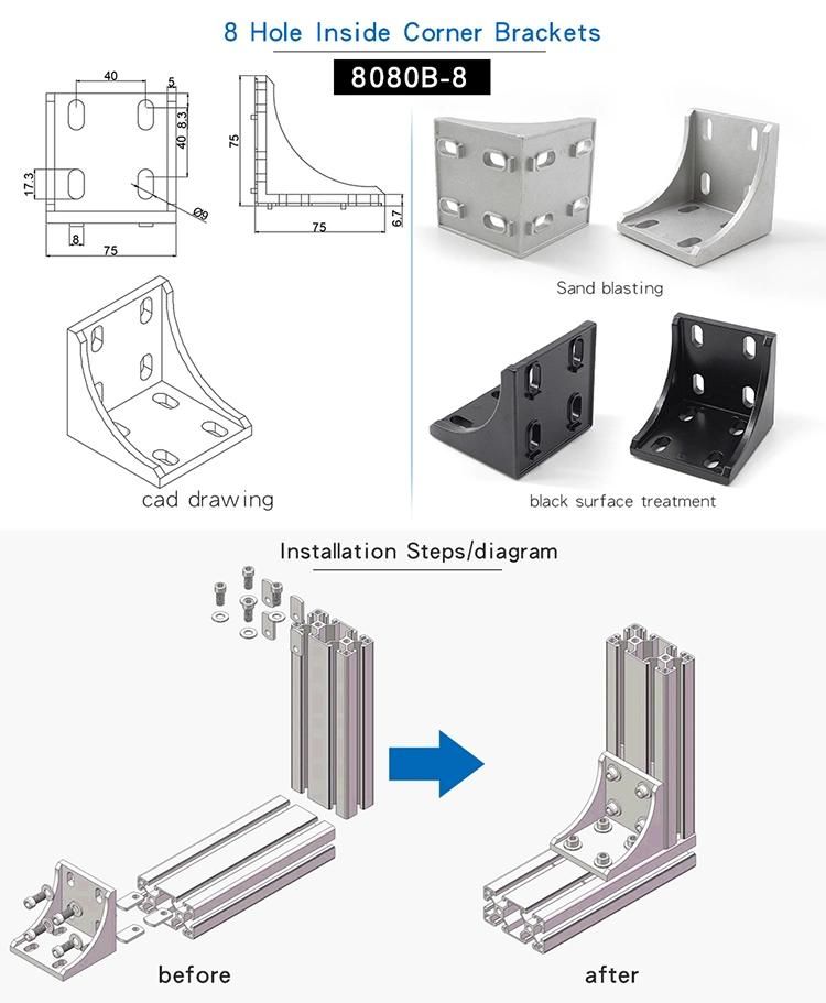 80b-8 Quality Aluminum Construction Angle Mounting Bracket for 80 Series Aluminum Profile