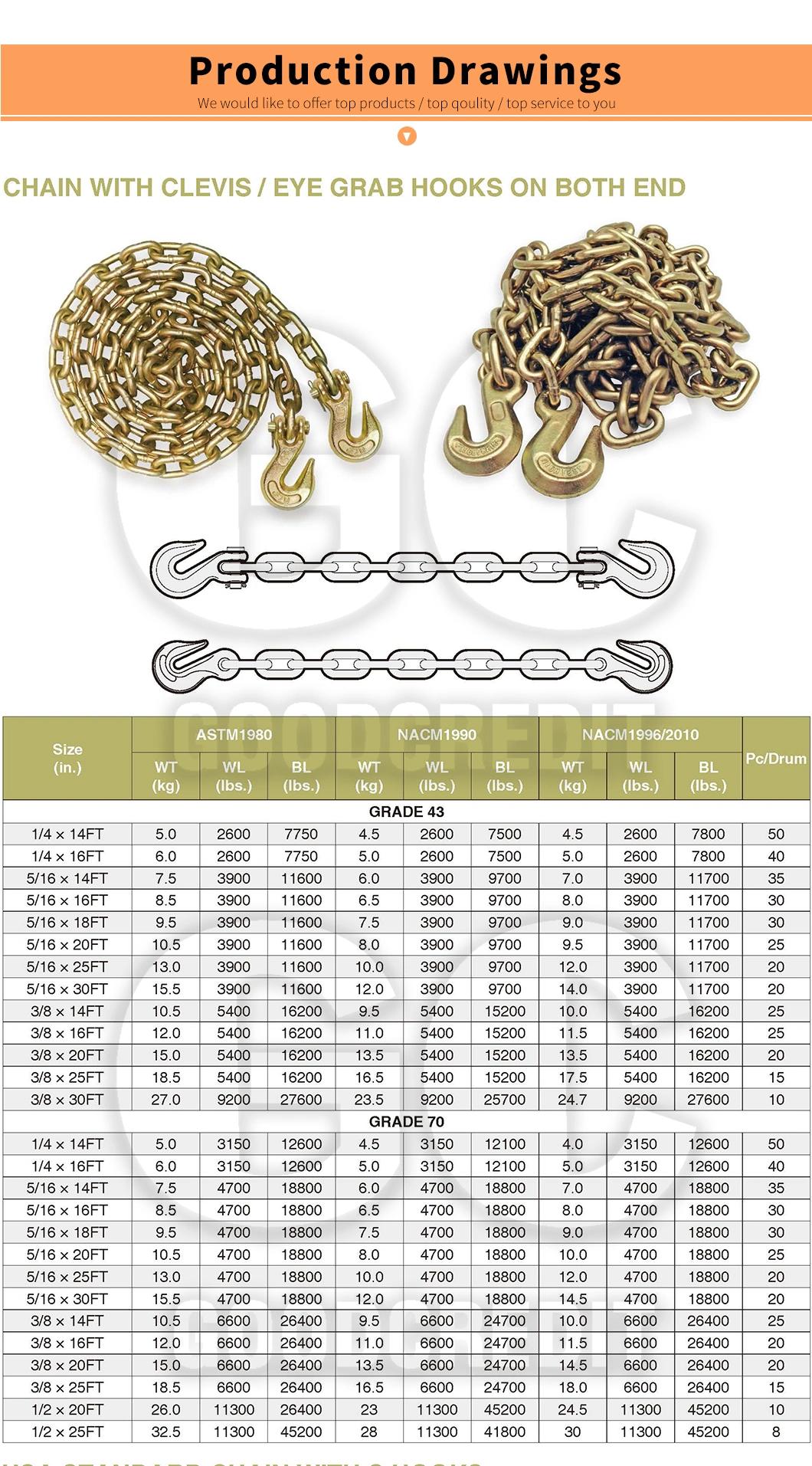 Factory Grade 70 Grade 80 Yellow Zinc Plated Binder Chain with Clevis Hook