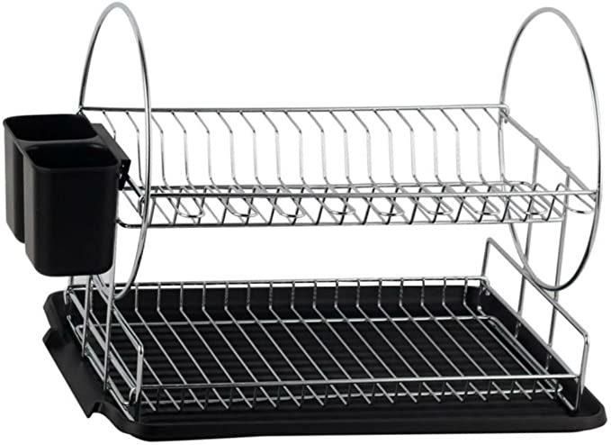 Dish Drying Rack Wall Mount Dish Drainer 2/3 Tier Kitchen Plate Bowl Spice Organizer Storage Rack Shelf Holder with Drain Tray with Hooks