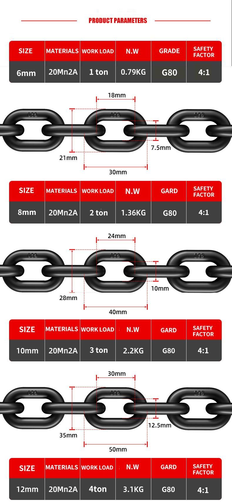 20mn2 Alloy Steel G80 Lifting Chain/En818-2 Link Chain/Hoisting Chain/Short Link Chain/Black Chain/Load Chain