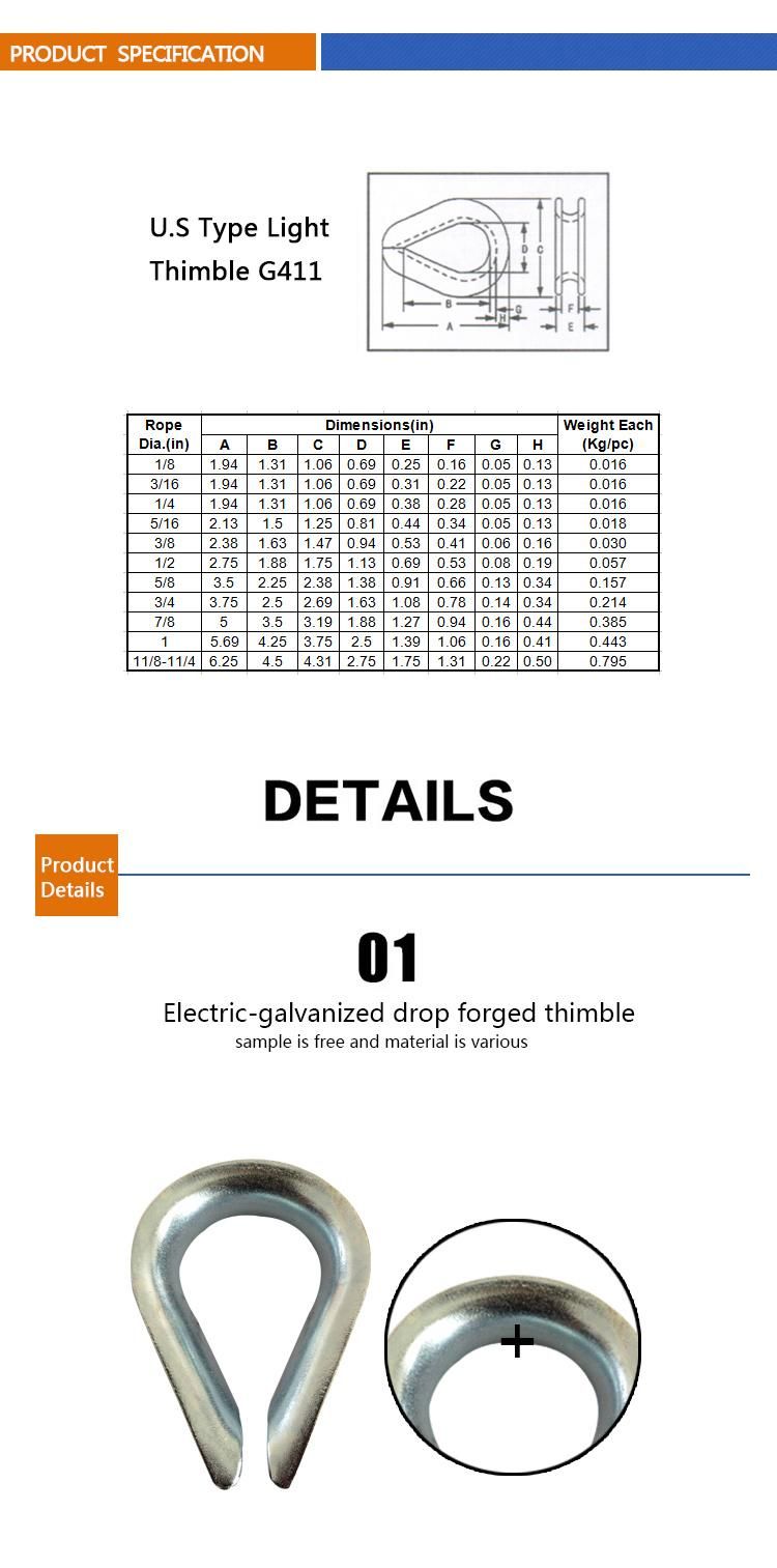Rigging Galvanized Steel Us Type Wire Rope Thimble