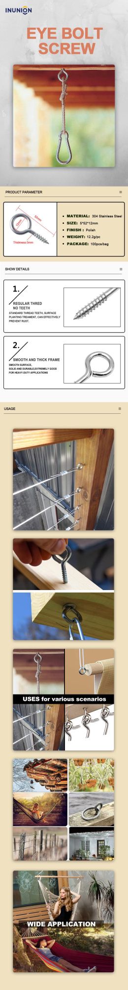 304 Stainless Steel Screw-in Hooks Eye Bolt Ceiling Hook Screw Hanger Closed Loop