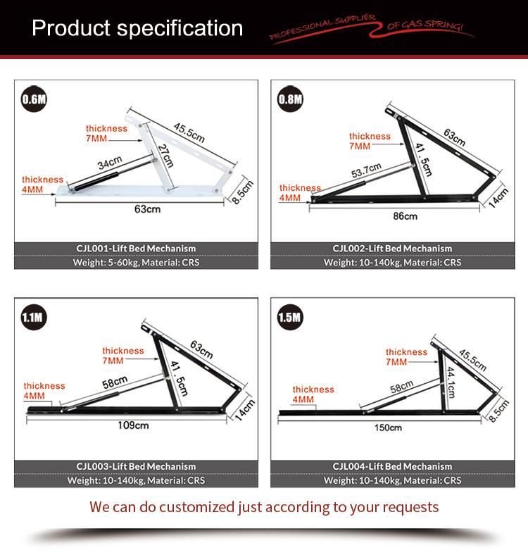 Steel Metal Gas Spring Gas Lift with Brackets for Bed