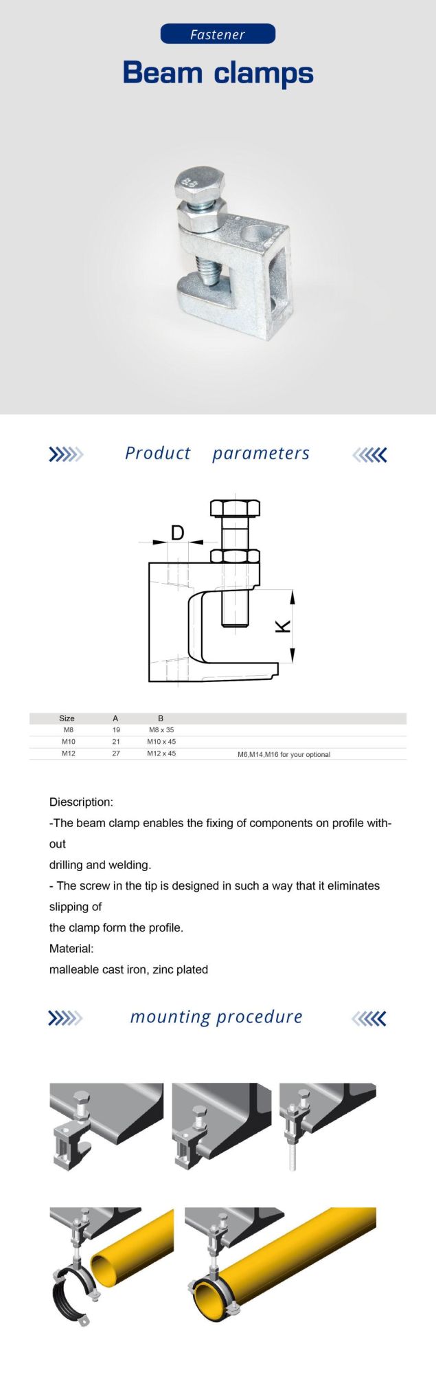 HVAC Fastener Beam Clamps M6 M8 M10