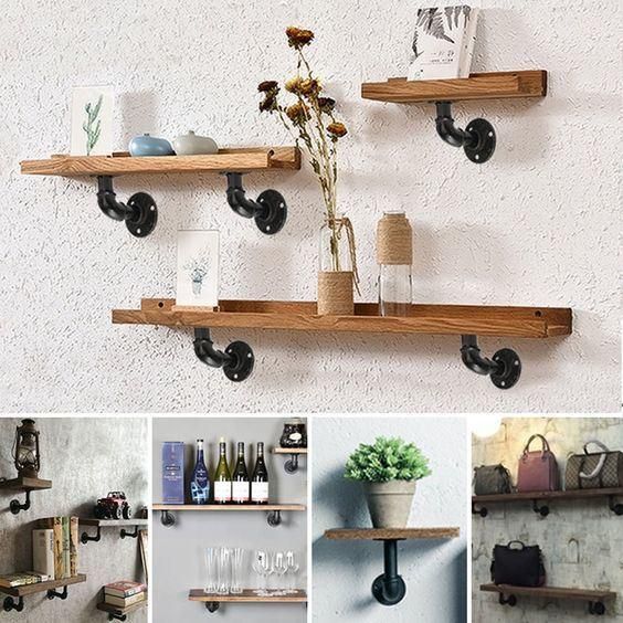 Industrial Pipe Solid Wooden Floating Bookcase Shelf