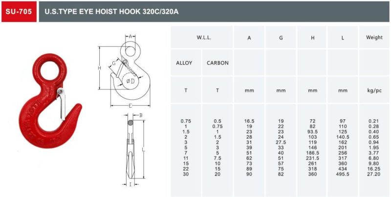 Us Type Eye Hoist Hook 320A 320c Hook Lifting Hook with Latch Eye Sling Hook