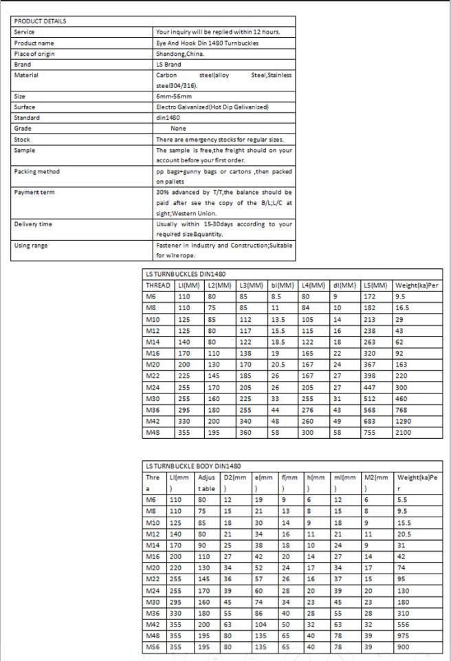 Zinc Plated Hook Hook M12 Galvanized DIN1480 Wire Rope Turnbuckle