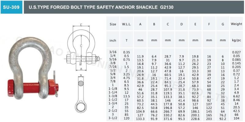 U. S. Type Forged Bolt Type Safety Anchor Shackle G2130