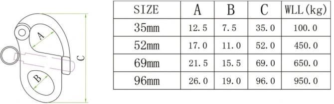 304 316 Stainless Steel Fixed Eye Snap Shackle