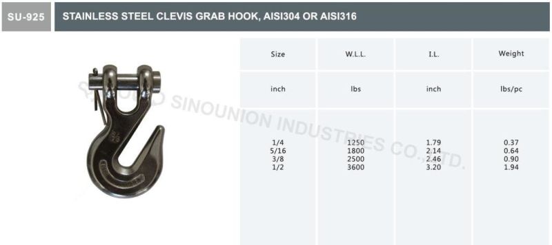 Stainless Steel Clevis Grab Hook AISI304 AISI316