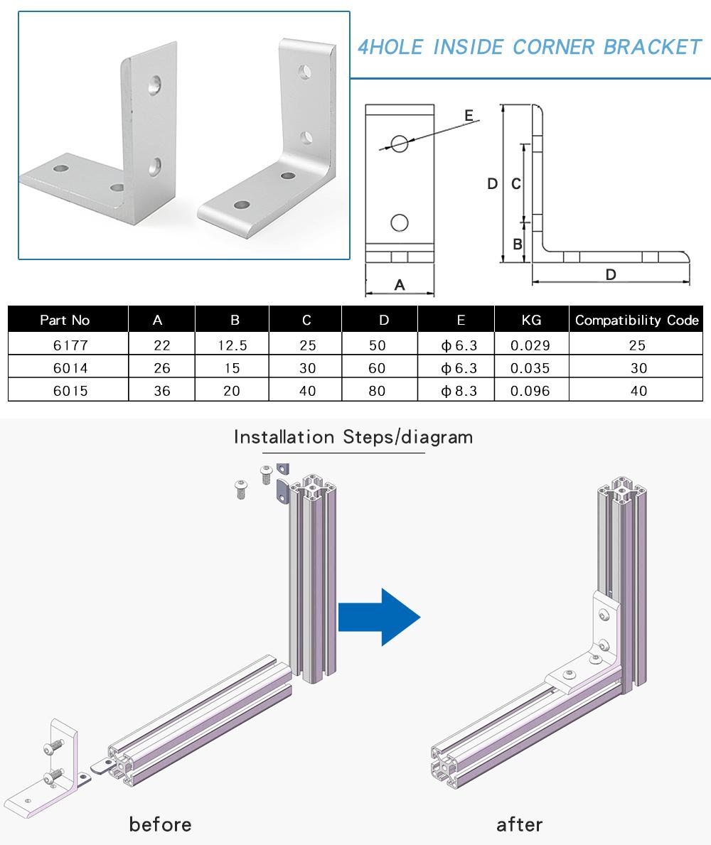 4 Hole Inside Corner Bracket TV Bracket Aluminium Parts for Aluminum Profile (25 30 40)