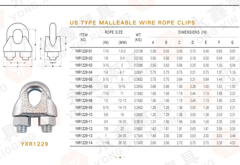 Yongxin Rigging G450 Adjustable Heavy Duty Us Type Drop Forged Wire Rope Clip