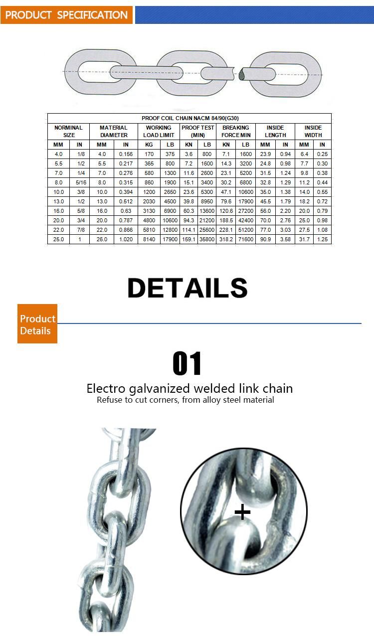 Electric Galvanized Welded Proof Coil Iron Chain U. S. Type Nacm84/90 (G30)