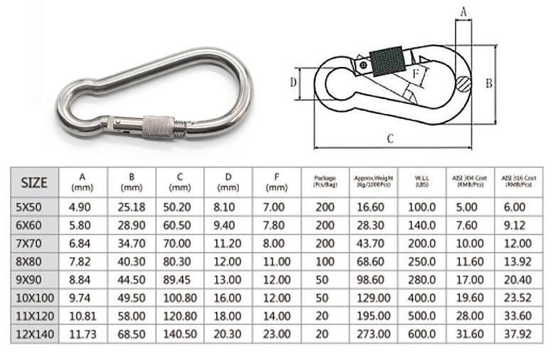 5*50mm Stainless Steel Climbing Carabiner Stamped D-Ring Snap Hook