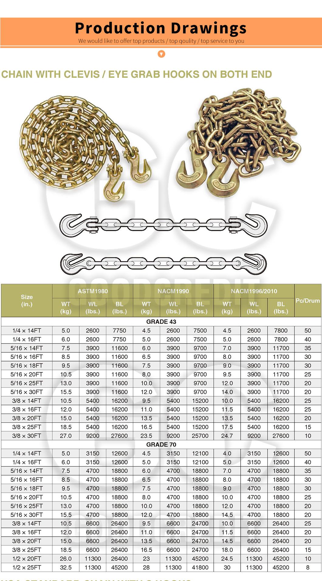 Us Standard G70 Binder Chain with Clevis Hooks Each End for Cargo Tie Down