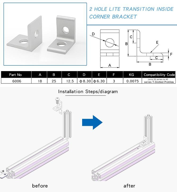 6006 Wholesale High Precision 2 Hole L Shape Bracket for V Slot Aluminum Profiles Connecting (20 to 40)