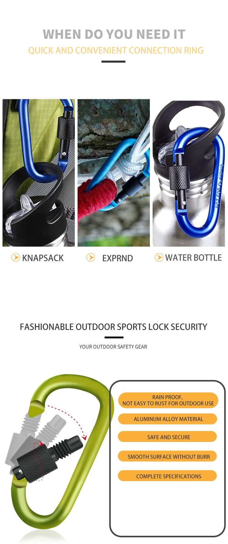 Factory Wholesale Locking Carabiner Climbing Carabiner D Shape Screw Gate Aluminum Carabiner