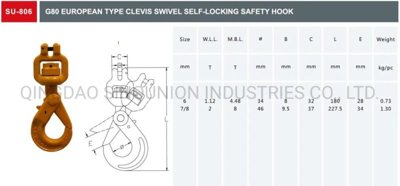 G80 European Type Clevis Swivel Self-Locking Safety Hook