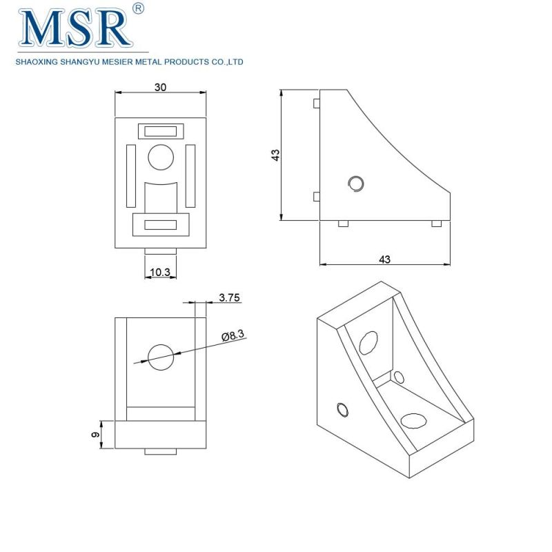 Hot Sale Die-Cast Aluminum 2 Hole Inside 3043A-10 Corner Bracket for Aluminum Profile