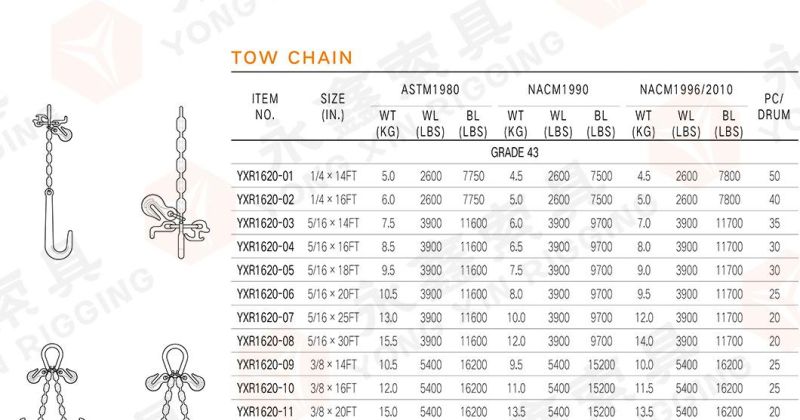 5/16" 3/8" Tow Chains with J-Hook T Hooks Pear Link Grab Hooks