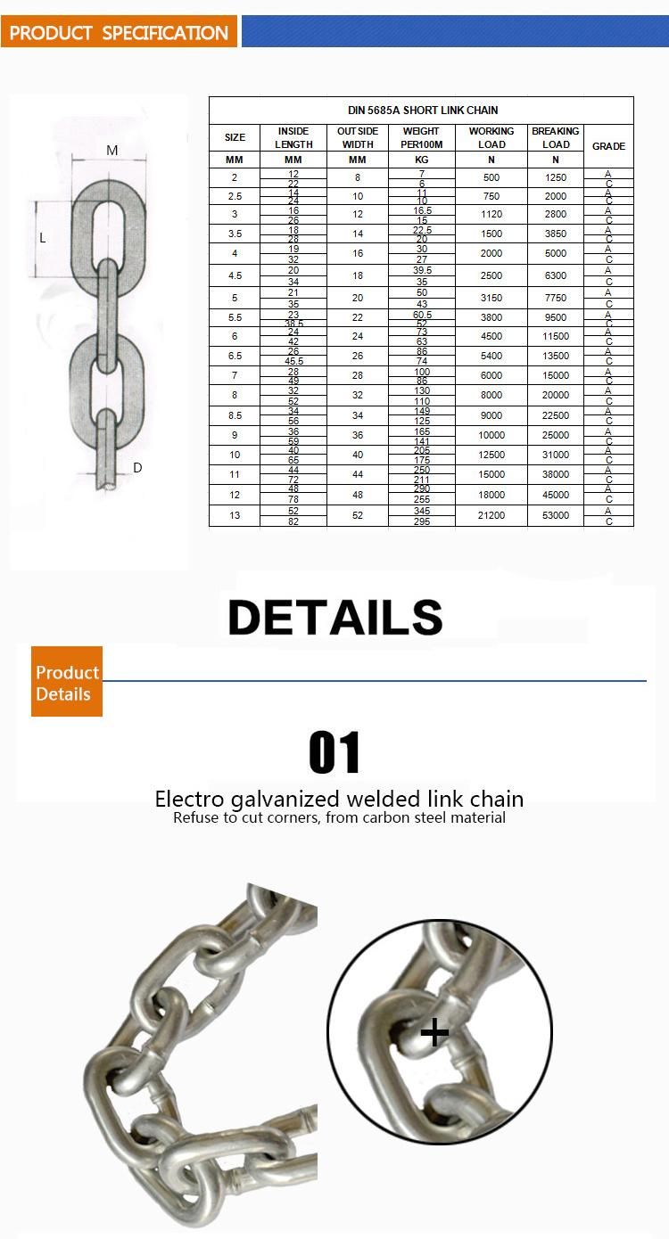 Smooth Welded Electric Galvanized DIN5685A Short Link Chain