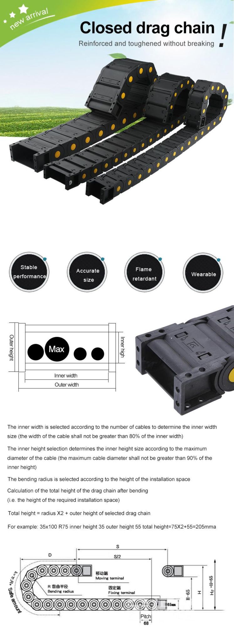 Enclosed Wire Transmission Carrier Nylon Drag Chain, Used for CNC Milling Machine Cable Trough Nested Carrier End Connector