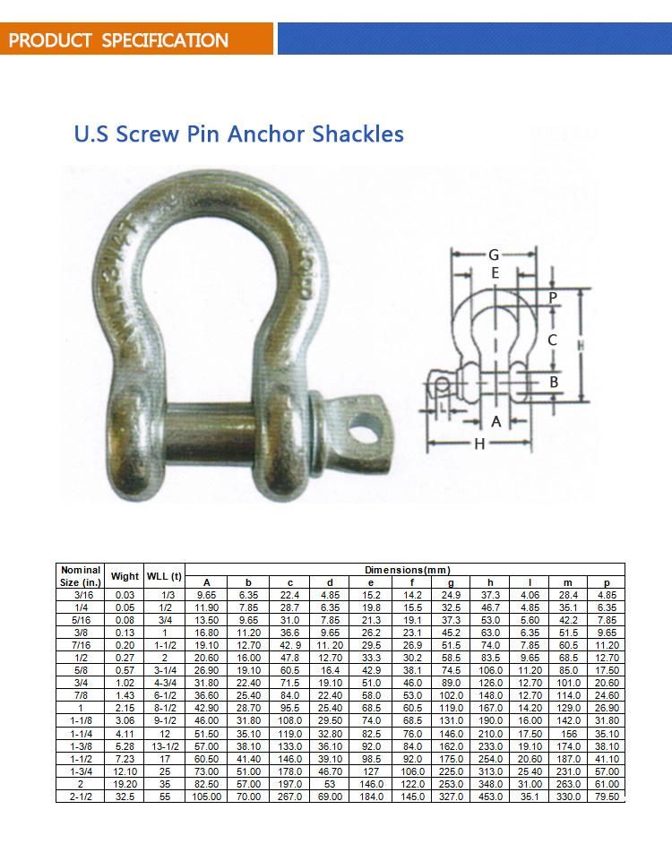 U. S Type Metal Adjustable Rigging Lifting Bolt Anchor Shackles