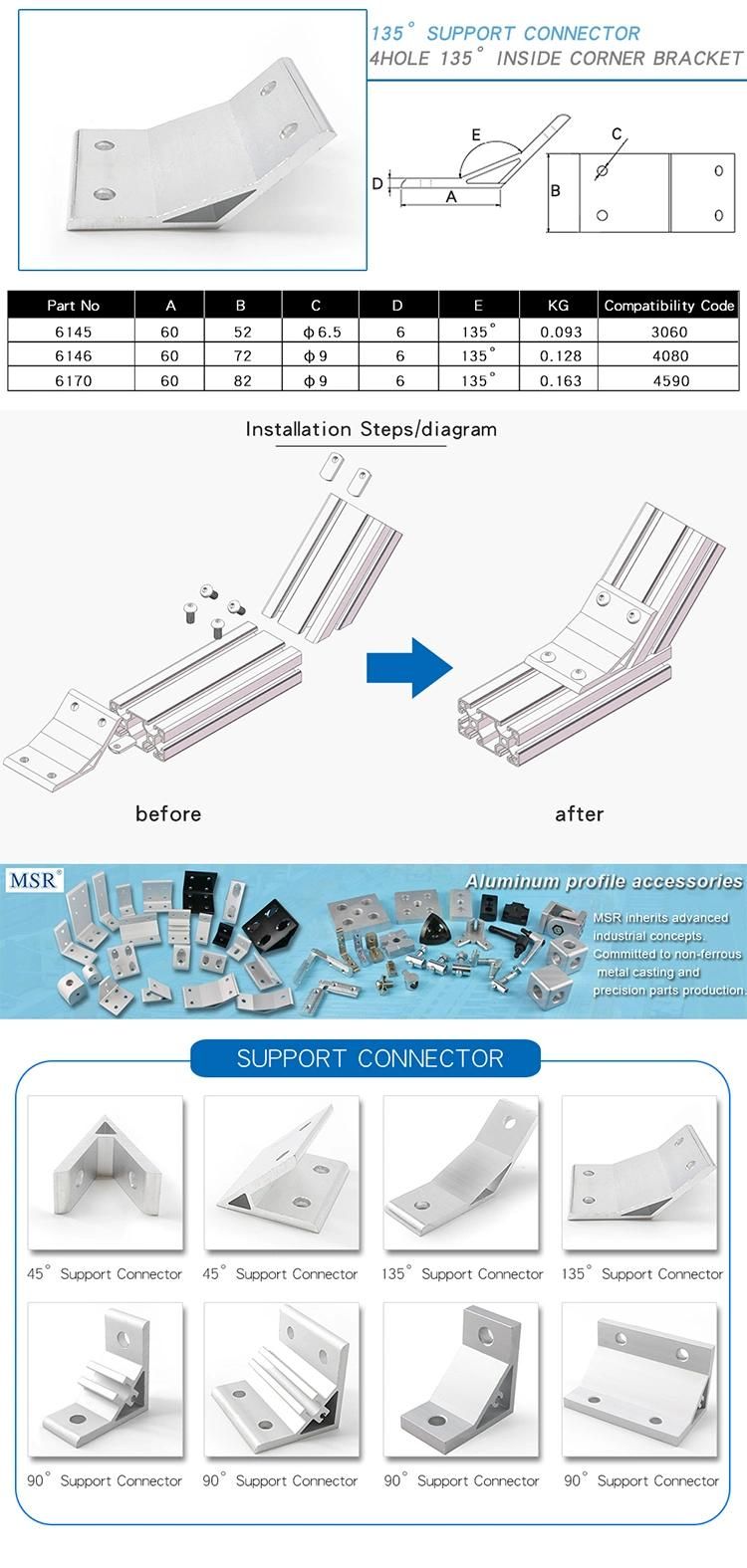 135 Degree Support Connector 4 Hole 4080 Inside Corner Bracket for Aluminium Profile